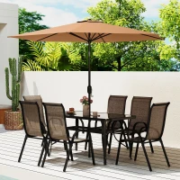 Outsunny 8 Pieces Patio Furniture Set with 9Ft Patio Umbrella, Outdoor Dining Table and Chairs, Light Mixed Brown(m-10)