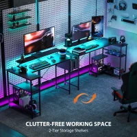 HOMCOM 58" Reversible L Shaped Computer Desk, Corner Desk with Monitor Stand, Power Outlets and LED Lights, Black(m-7)
