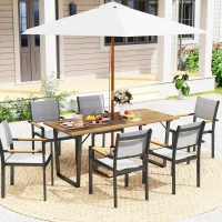Outsunny Wooden Outdoor Dining Table for 6 with 2" Umbrella Hole, Slatted Tabletop, Metal Frame, for Yard, Deck, Lawn(m-8)