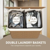 HOMCOM Double Laundry Basket with Lid, 26.4 Gallon Bamboo Laundry Hamper with Rope Handles and Removable Liner, Brown(m-4)