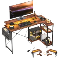 HOMCOM 58" Reversible L Shaped Computer Desk, Corner Desk with Monitor Stand, Power Outlets and LED Lights, Rustic Brown(m-11)