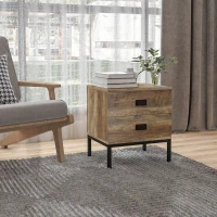 HOMCOM Nightstand with Storage, Retro Bedside Table, Side Table with 2 Drawers, Steel Frame for Bedroom, Coffee(m-10)