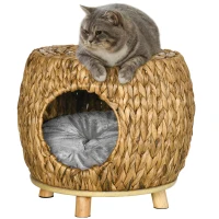 PawHut Wicker Cat Bed with Washable Cushion, Elevated Rattan Kitten Bed for Indoor Cats, Light Brown(m-11)