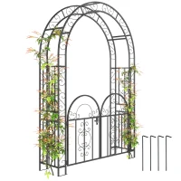 Outsunny 7.4ft Steel Garden Arch with Gate, Garden Arbor Trellis for Climbing Plants, Roses, Vines, Wedding Arch for Outdoor, Garden, Lawn, Backyard, Black(m-11)