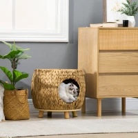 PawHut Wicker Cat Bed with Washable Cushion, Elevated Rattan Kitten Bed for Indoor Cats, Light Brown(m-1)