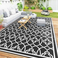 Outsunny Reversible Outdoor Rug, Waterproof Plastic Straw with Carry Bag, 9' x 18', Black & White Lantern(m-10)