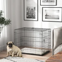 PawHut 30" Dog Crate with 2 Doors, Folding Metal Dog Cage with Soft Cushion, Removable Tray, Handle, for Small Dogs, Black(m-8)