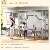 PawHut Large Outdoor Catio with Condos, Platforms, Doors, Ladders, Weather-Resistant Roof, Grey(m-9)