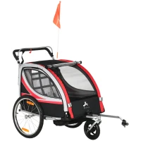 Aosom 2 Seat Bike Trailer for Kids 2-in-1 Double Baby Jogging Stroller with Handbrake, Rubber Wheels, 5 Point Harness, Waterproof Cover, Storage Bag, Reflectors, Red(m-2)