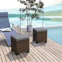 Outsunny 2 Piece Wicker Outdoor Ottomans with Cushions, Rattan Ottoman Footrest and Side Table for Patio, Yard, Poolside, Gray(m-2)