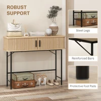 HOMCOM Mid-Century Narrow Console Table with Slatted Tambour Sliding Doors, Entryway Table with Steel Legs, Oak and Black(m-7)