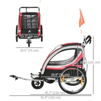 Aosom 2 Seat Bike Trailer for Kids 2-in-1 Double Baby Jogging Stroller with Handbrake, Rubber Wheels, 5 Point Harness, Waterproof Cover, Storage Bag, Reflectors, Red(m-3)