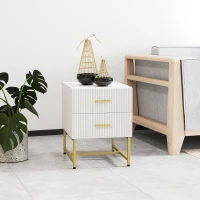 HOMCOM 2 Pieces Nightstands with Storage, Modern Bedside Tables with 2 Fluted Drawers and Gold Legs for Bedroom, White(m-7)