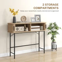 HOMCOM Mid-Century Narrow Console Table with Slatted Tambour Sliding Doors, Entryway Table with Steel Legs, Oak and Black(m-6)