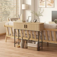 HOMCOM Mid-Century Narrow Console Table with Slatted Tambour Sliding Doors, Entryway Table with Steel Legs, Oak and Black(m-8)