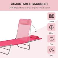 Outsunny Outdoor Lounge Chair, Portable Reclining Seat, Folding Chaise Lounge, Tanning Chair Bed with Pillow, Pink(m-4)