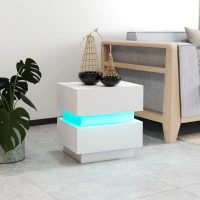 HOMCOM Bedside Table with Charging Station and LED Light Modern Nightstand with USB Ports AC Outlets Drawers Remote, White(m-9)