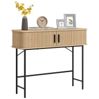 HOMCOM Mid-Century Narrow Console Table with Slatted Tambour Sliding Doors, Entryway Table with Steel Legs, Oak and Black(m-11)