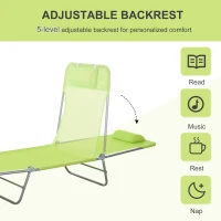 Outsunny Outdoor Lounge Chair, Portable Adjustable Reclining Seat Folding Chaise Lounge Patio Camping Beach Tanning Chair Bed with Pillow, Light Green(m-4)