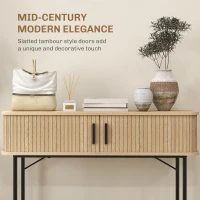 HOMCOM Mid-Century Narrow Console Table with Slatted Tambour Sliding Doors, Entryway Table with Steel Legs, Oak and Black(m-4)