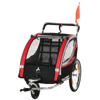 Aosom 2 Seat Bike Trailer for Kids 2-in-1 Double Baby Jogging Stroller with Handbrake, Rubber Wheels, 5 Point Harness, Waterproof Cover, Storage Bag, Reflectors, Red(m-11)
