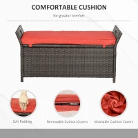 Outsunny 29 Gallon Patio Wicker Storage Bench, Outdoor PE Rattan Patio Furniture, 2-In-1 Large Capacity Rectangle Garden Storage Box with Handles and Cushion, Red(m-5)