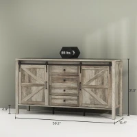 HOMCOM 59" Buffet Cabinet, Farmhouse Sideboard with Thick Top, 2 Barn Doors, 4 Drawers and 2 Adjustable Shelves, Gray Wash(m-3)