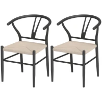 HOMCOM Set of 2 Weave Dining Chairs, Mid-Century Modern Dining Room Chairs with Y-Shaped Backrest and Hemp Seat, Black(m-2)