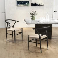 HOMCOM Set of 2 Weave Dining Chairs, Mid-Century Modern Dining Room Chairs with Y-Shaped Backrest and Hemp Seat, Black(m-6)