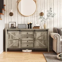 HOMCOM 59" Buffet Cabinet, Farmhouse Sideboard with Thick Top, 2 Barn Doors, 4 Drawers and 2 Adjustable Shelves, Gray Wash(m-11)