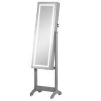 HOMCOM Lockable Jewellery Armoire with LED Light, Standing Mirror with Storage for Bedroom Dressing Room, Grey(m-2)