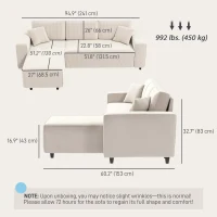 HOMCOM Corner Sofa with Changeable Chaise, Corduroy L-Shaped Sectional Sofa with Pocket Spring, 2 Pillows, Cream White(m-3)