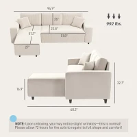 HOMCOM Corner Sofa with Reversible Chaise Lounge, Corduroy L-Shaped Sectional Sofa with Pocket Spring, Cream White(m-3)