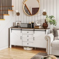 HOMCOM 59" Buffet Cabinet, Farmhouse Sideboard with Thick Top, 2 Barn Doors, 4 Drawers and 2 Adjustable Shelves, White(m-11)