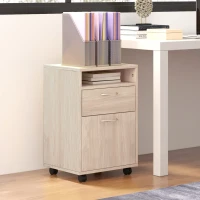 HOMCOM 24" Small Filing Cabinet with Open Compartment, Drawer and Wheels, Home Office Storage Cabinet, Oak(m-8)