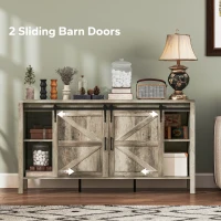 HOMCOM 59" Buffet Cabinet, Farmhouse Sideboard with Thick Top, 2 Barn Doors, 4 Drawers and 2 Adjustable Shelves, Gray Wash(m-5)