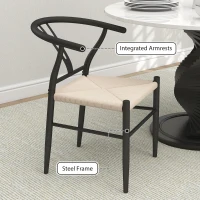 HOMCOM Set of 2 Weave Dining Chairs, Mid-Century Modern Dining Room Chairs with Y-Shaped Backrest and Hemp Seat, Black(m-5)