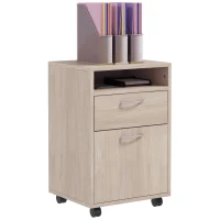 HOMCOM 24" Small Filing Cabinet with Open Compartment, Drawer and Wheels, Home Office Storage Cabinet, Oak(m-3)
