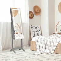 HOMCOM Lockable Jewellery Armoire with LED Light, Standing Mirror with Storage for Bedroom Dressing Room, Grey(m-1)