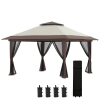 Outsunny 13' x 13' Pop Up Gazebo Instant Canopy Tent Shelter with 2-Tier Roof, Carry Bag, Wight Bags for Outdoor, Garden, Beige(m-12)