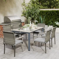 Outsunny 7 Pieces Wicker Outdoor Furniture Set, Rattan Patio Dining Set with Cushions, Umbrella Hole for Garden Backyard, Grey(m-10)