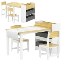 Qaba Kids Desk and Chair Set with Paper Roll, Kids Activity Craft Table with Storage Shelves and Drawers, Natural Wood(m-12)