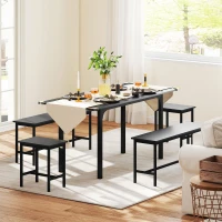 HOMCOM Extendable Dining Table Set, 5-Piece Dining Set for 4-6 with 2 Benches and 2 Stools for Small Spaces, Black(m-9)