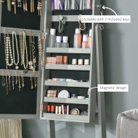 HOMCOM Lockable Jewellery Armoire with LED Light, Standing Mirror with Storage for Bedroom Dressing Room, Grey(m-7)
