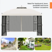 Outsunny 12' x 10' Outdoor Patio Gazebo Canopy with Double Tier Roof, Removable Mesh Sidewalls, Triangular Display Shelves, Beige(m-7)