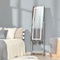 HOMCOM Lockable Jewellery Armoire with LED Light, Standing Mirror with Storage for Bedroom Dressing Room, Grey(m-8)