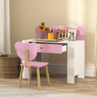 Qaba Kids Desk and Chair Set with Drawer for Drawing, Reading, Bear Theme Children Furniture for Bedroom, Daycare, Pink(m-8)