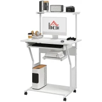 HOMCOM 32" Mobile Computer Table, Rolling Study Desk for Home Office with Keyboard Tray, Storage Shelves, Wheels, White(m-2)