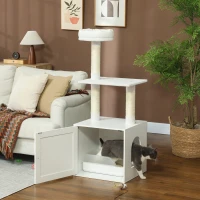 PawHut Cat Tree with Litter Box Enclosure, Sisal Covered Scratching Posts, Large Platform, Bed for Indoor Cats, White(m-1)
