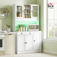 HOMCOM Tall Kitchen Pantry with LED Light, Freestanding Storage Cabinet with Hutch, Shelves, Drawer, Doors, White(m-9)